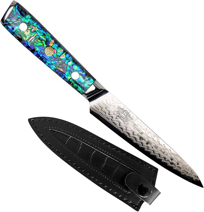 Damascus Utility Knife, 6 Inch, AUS-10 Steel, Clear Resin Handle - Leather Sheath Included