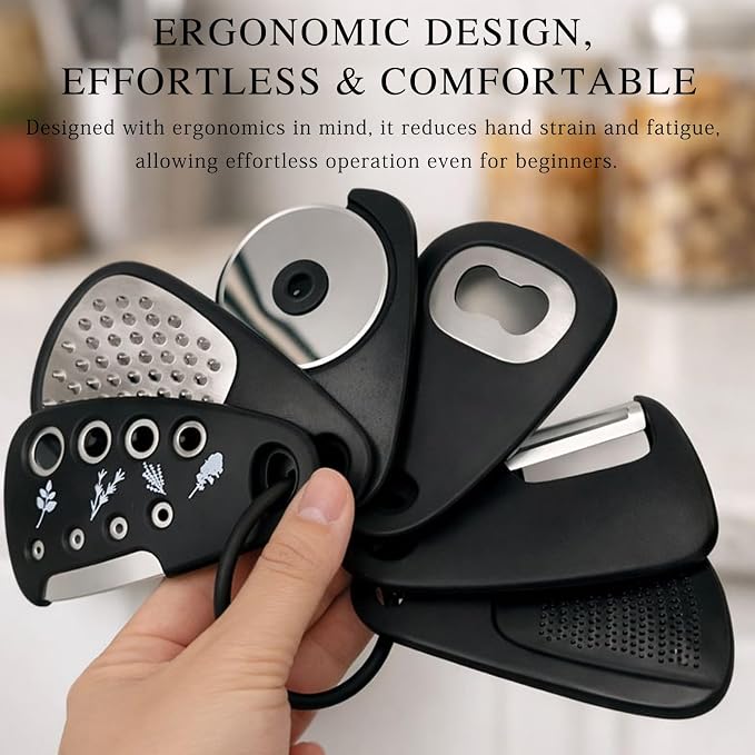 6-Piece Unique Kitchen Gadget Set in Black, Stackable Space-Saving Tools Including Grater, Peeler, Pizza Cutter, and Bottle Opener