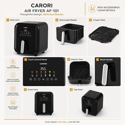 CARORI 7.5 Qt Air Fryer with Viewing Window, 12 Presets and DIY Mode, 1700W, Large Nonstick Dishwasher-Safe Basket, Air Fry, Bake, Roast, Reheat, Dehydrate, Black