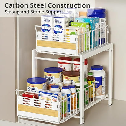 Under Sink Organizer, 2-Tier Pull Out Cabinet Organizer with Heavy-Duty Carbon Steel Slide-Out Basket Drawers, Stackable Multi-Purpose Storage Rack for Kitchen Pantry, Bathroom Vitamin Storage, White