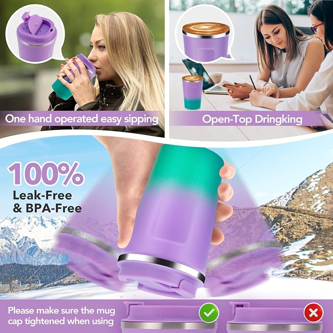 Volhoply 12 oz Double Wall Insulated Vacuum Travel Coffee Mug with Flip Lid Bulk 2 Pack,Reusable Stainless Steel Leak Proof Coffee Cup,Cafe Thermal Tumbler for Cold & Hot Drinks(Purple Green,2 Set)