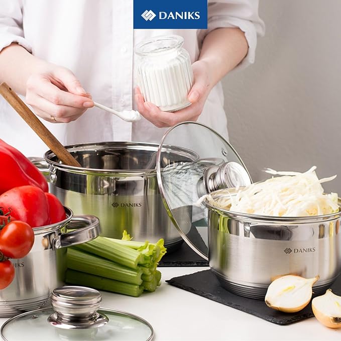 Daniks Standard 2 Quart Stainless Steel Stock Pot with Glass Lid, Tri-Ply Bottom for Even Heating, Induction Compatible, Dishwasher Safe, Built-In Measuring Scale, Silver
