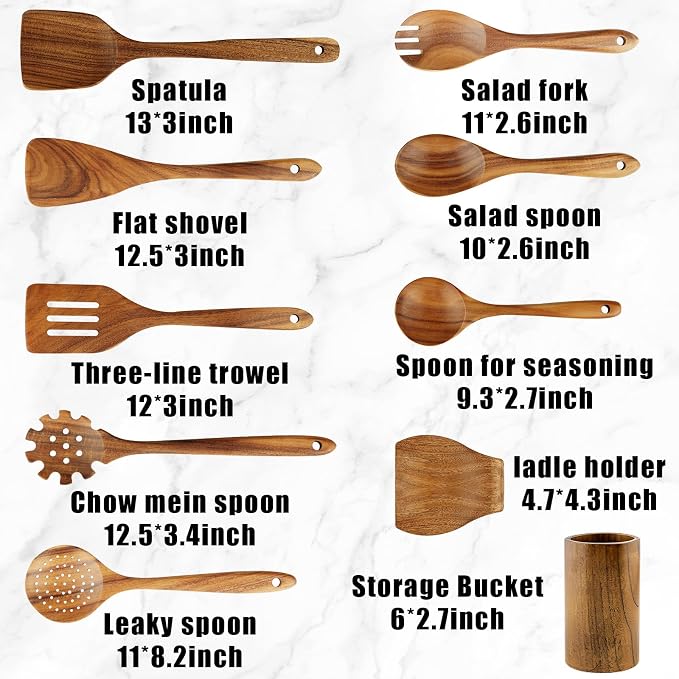 FJNATINH Wooden Spoons for Cooking, 10 Pcs Teak Wooden Cooking Utensil Set with Holder, Wooden Kitchen Utensils Set for Nonstick Pans & Cookware