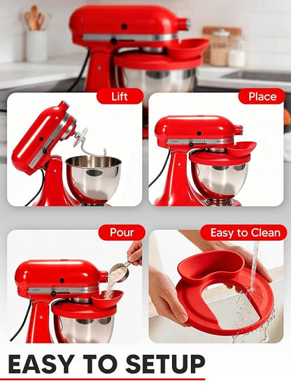 Silicone Kitchen Aid Splash Guard for Stand Mixer & Tilt Head Mixer, 4.5-5QT Mixing Bowl Pouring Shield & Flour Funnel, Kitchen Aid Accessories and Attachments - (Red)