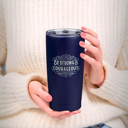 Christian Art Gifts Large Insulated Stainless Steel Travel Mug Tumbler for Men & Women: Strong & Courageous Uplifting Scripture, Double Wall Vacuum Sealed, Retractable Lid, Navy Blue & Silver, 18 oz.