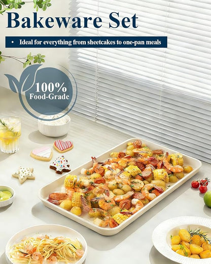 7PCS Nonstick Baking Sheet Set - 10x15in Jelly Roll Pan with Wire Rack, Silicone Spatula & 4 Cookie Cutters, Thickened Carbon Steel, Oven Safe 450°C, Sunshine Cream