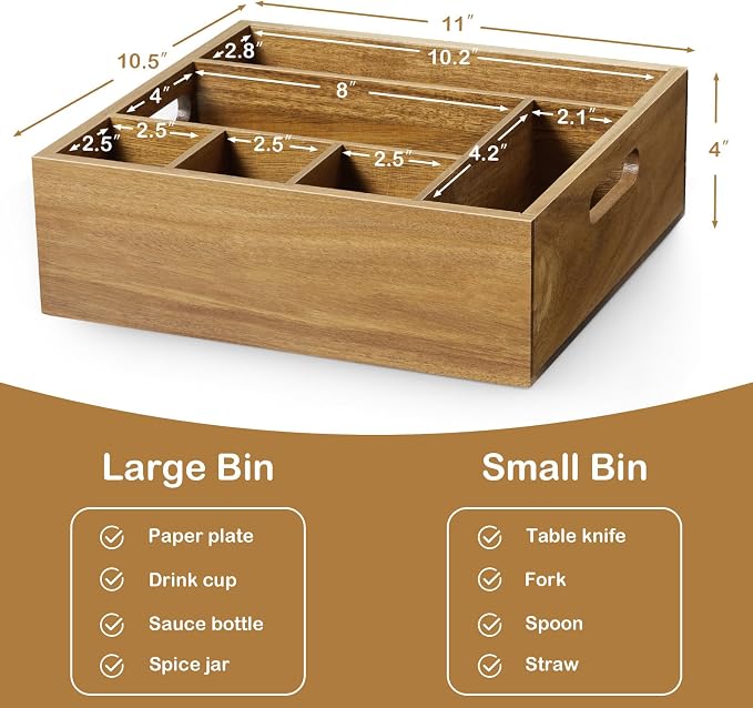 Acacia Wood Utensil Holder for Party, 6-Compartment Paper Plate and Silverware Organizer with Handles, Rustic Utensil Caddy for Parties, Outdoor Gatherings, and Kitchen Countertop Organization
