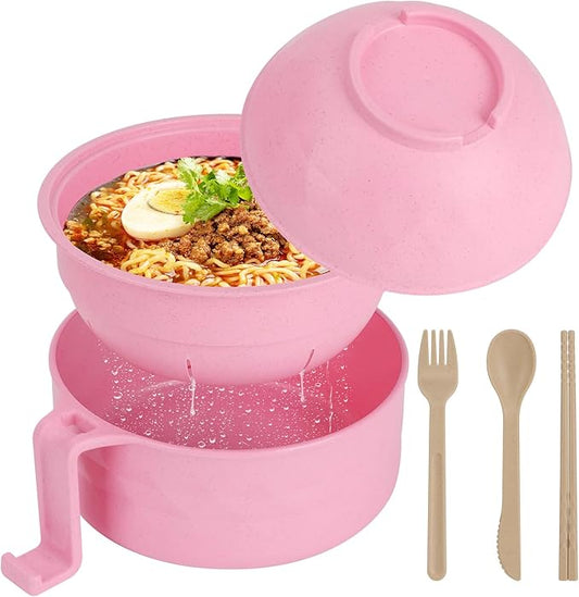 Ramen Bowl Set, Ramen Cooker 33 oz, Ramen Bowls with Chopsticks and Spoon, Microwave Pasta Cooker, Ramen Bowl Microwave Gift College Dorm Essentials for Girls (Pink)