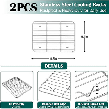 E-far Small Baking Sheet with Wire Rack (2 Pans + 2 Racks), Stainless Steel Cookie Sheets Trays & Cooling Rack for Toaster Oven, Non Toxic & Warp Resistant, Oven & Dishwasher Safe, 9.4 x 7.3 x 1 Inch