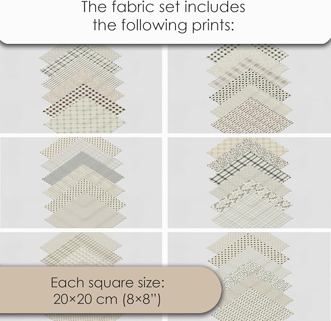 Cotton Satin Patchwork Fabric Panel – 35 Designs, 20×20 cm Squares, Single Piece 150×110 cm, Neutral Grey Quilt Fabric (Elegant Beige Patchwork Set, 35pcs 8x8 inch)