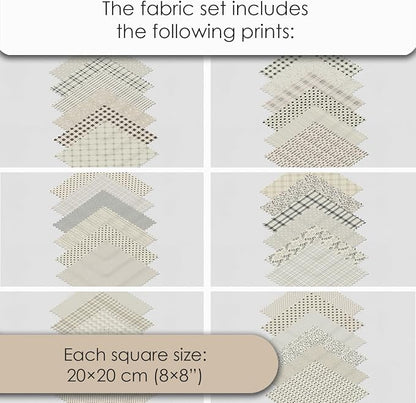 Cotton Satin Patchwork Fabric Panel – 35 Designs, 20×20 cm Squares, Single Piece 150×110 cm, Neutral Grey Quilt Fabric (Elegant Beige Patchwork Set, 35pcs 8x8 inch)