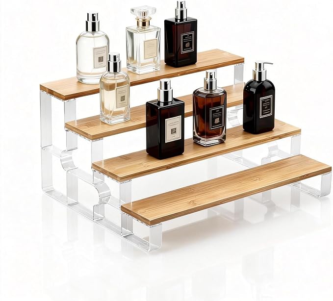 junyuan Spice Rack Organizer for Cabinet,4 Tier Spice Organization for Kitchen,Bathroom Organizers and Storage,Seasoning Countertop Shelf,Bamboo Display Shelves Racks,Clear 14"
