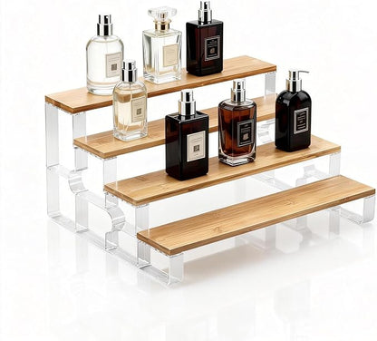 junyuan Spice Rack Organizer for Cabinet,4 Tier Spice Organization for Kitchen,Bathroom Organizers and Storage,Seasoning Countertop Shelf,Bamboo Display Shelves Racks,Clear 14"