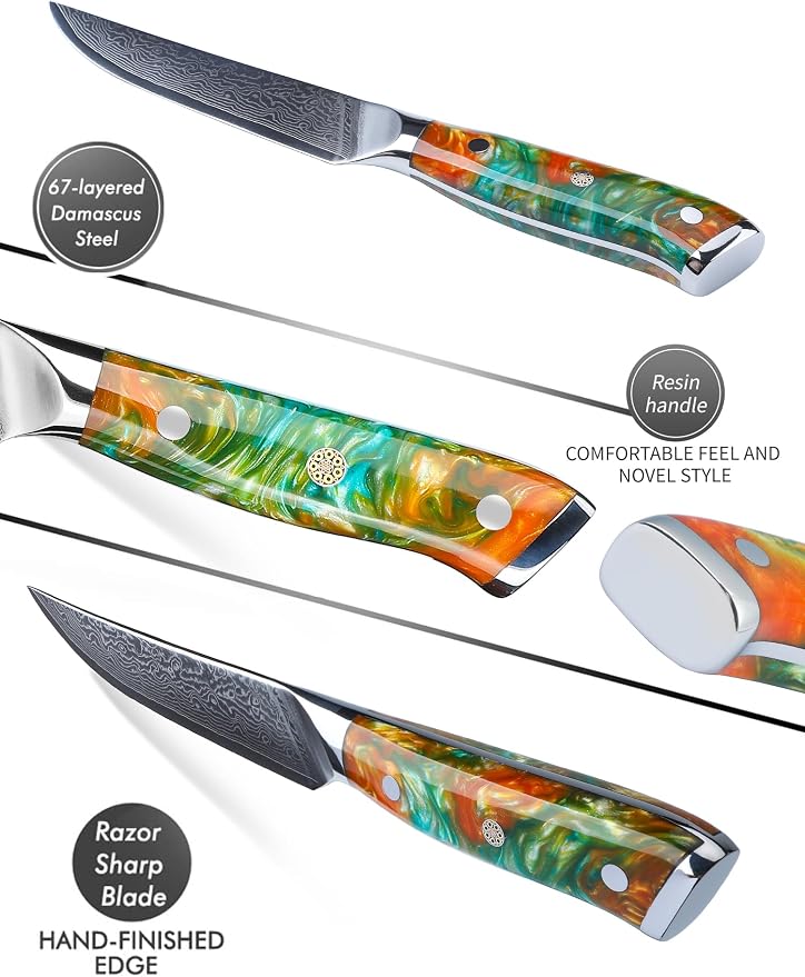 Steak Knives Set of 4, Ultra Sharp Non Serrated Kitchen Steak Knife 5 Inch - Damascus Steel & Resin Handle - Xuan Series(Fantasy Orange)