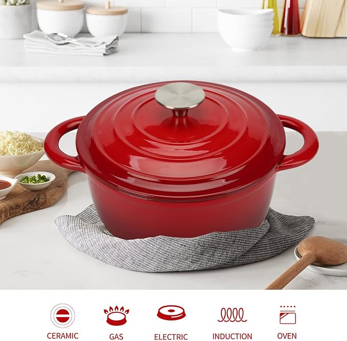 5 Quart Enameled Cast Iron Dutch Oven with Lid, Heavy-Duty Pot Cookware for Bread Sourdough Baking, Braising, Stews, Roasting