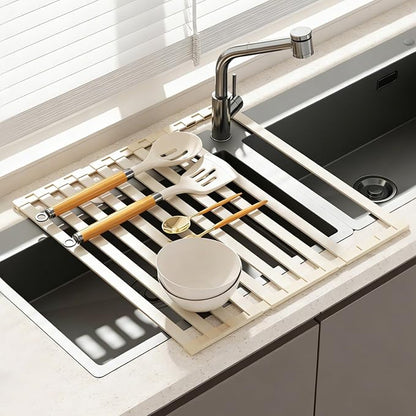 Foldable Over Sink Dish Drying Rack, Extra Wide & Thick Rust-Proof Aluminum Sink Cover for Counter Space, Collapsible Dish Drying Rack Fits Most Kitchen Sinks (White, 17.7“x13.6)