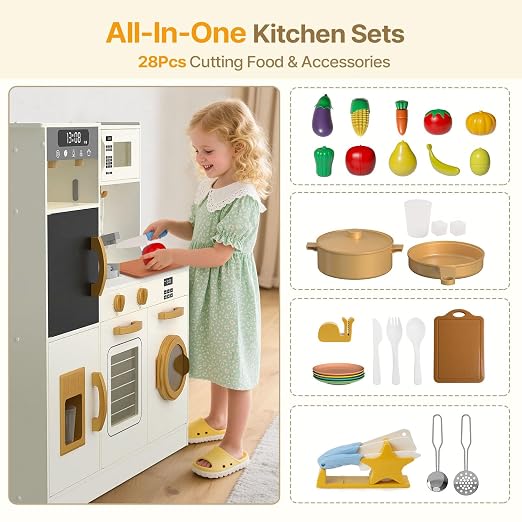BIERUM Play Kitchen - Kids Kitchen Playset with Realistic Lights & Sounds, 28 Pcs Toy Food & Cookware Accessories, Plenty of Play Features, Idea Gift for Boys and Girls Ages 3+