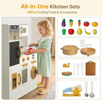 BIERUM Play Kitchen - Kids Kitchen Playset with Realistic Lights & Sounds, 28 Pcs Toy Food & Cookware Accessories, Plenty of Play Features, Idea Gift for Boys and Girls Ages 3+
