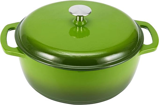 Amazon Basics Enameled Cast Iron Dutch Oven Pot with Lid, Round, Dual Handles, Heavy-Duty, Oven Safe for Stews, Roasting, Baking, 6-Quart, Green