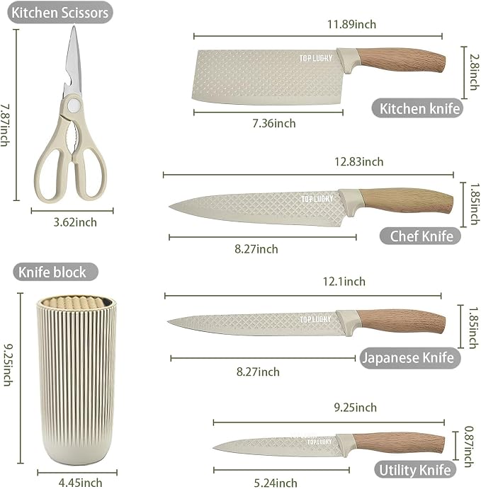 Knife Set, 6 Pieces Professional Kitchen Knife Set with Universal Knife Block, Super Sharp Knife Block Set with Ergonomic Handle Non-stick Stainless Steel Knife Block Set (Khaki)