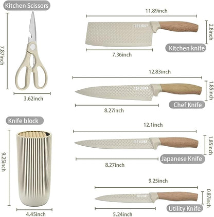 Knife Set, 6 Pieces Professional Kitchen Knife Set with Universal Knife Block, Super Sharp Knife Block Set with Ergonomic Handle Non-stick Stainless Steel Knife Block Set (Khaki)