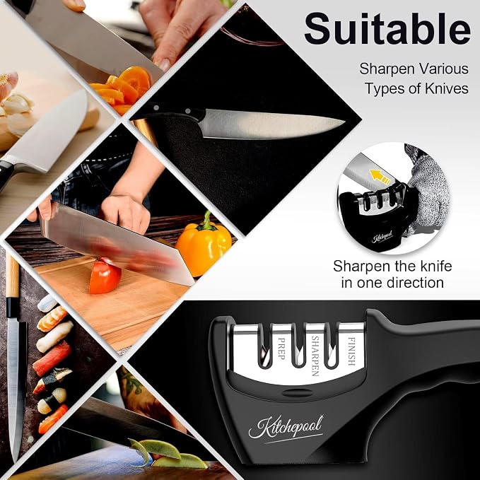 4-in-1 Knife Sharpener Kit with Cut-Resistant Glove, 3-Stage Quality Kitchen Knife Accessories to Repair, Grind, Polish Blade, Professional Knife Sharpening Tool for Kitchen Knives