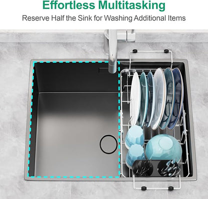 GSlife Small Sink Dish Drying Rack with Silicone Drying Mat - 9" W Expandable Stainless Steel Compact Dish Drainer with Lock Knob for RV, Apartment, Camper, Kitchen, 11.9"-16.7" L, Silver
