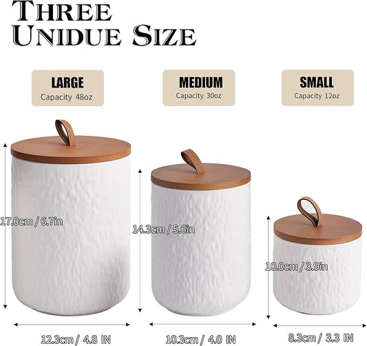 JOJUNO White Ceramic Canister Set with Wooden Lid, 3-Piece Airtight Food Storage Jars for Kitchen Counter - Flour, Sugar, Coffee, Tea, Spice - Small, Medium, Large Sizes - Stone Texture