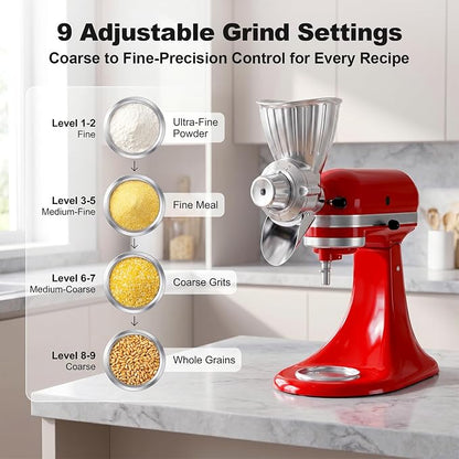Grain Mill Attachment for KitchenAid, Food-Grade All-Metal 9 Levels Flour Mill for KitchenAid Stand Mixer, Fit for Millet, Wheat, Grain Corn, Coffee Beans, Dry Low-Oil Grains