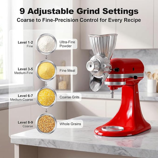 Grain Mill Attachment for KitchenAid, Food-Grade All-Metal 9 Levels Flour Mill for KitchenAid Stand Mixer, Fit for Millet, Wheat, Grain Corn, Coffee Beans, Dry Low-Oil Grains