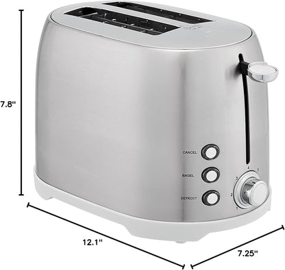 Amazon Basics 2 Slice Cool Touch Stainless Steel Toaster with 7 Browning Settings, Extra Wide Slots (for Bagels, Waffles, Specialty Breads), Removable Crumb Tray, Cancel Button, 800W, Brushed Silver