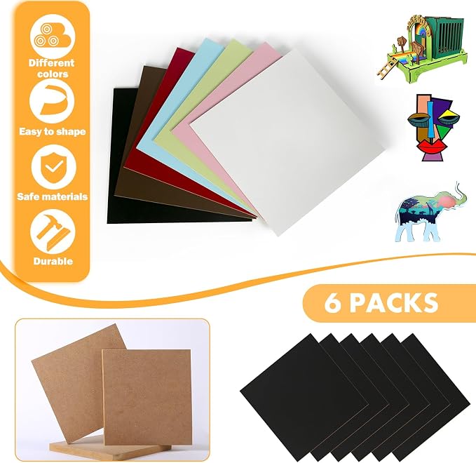 6 Pack Colored MDF Boards for Laser Engraving, 12x12x1/8 (3mm) Unfinished Fiberboard for Laser Cutting, DIY Craft Projects, Home Decor, Sign Making, Woodworking (Black)