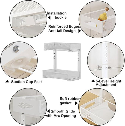 Under Sink Organizer, 2-Tier Pull Out Baskets, White | Rustproof carbon steel, 2 tier mesh sliding drawers, Height adjustable to bypass pipes, For kitchen, bathroom, laundry