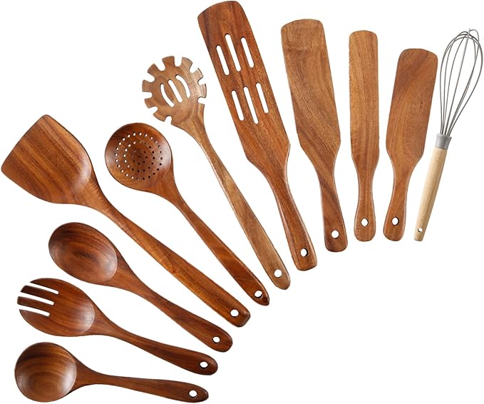 Wooden Spoons for Cooking 11Pcs Natural Acacia Wooden Kitchen Utensil Set, Spatula Spurtles Salad Fork Spoon Set, Non-Stick, Comfortable Grip, As Seen On TV Wooden Cooking Utensils