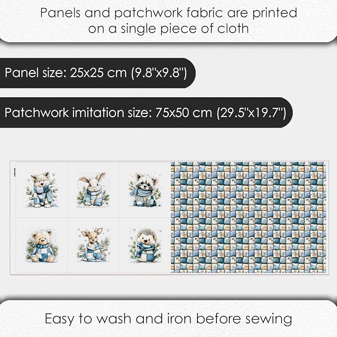 Winter Animals Patchwork Quilting Fabric Panel – 6× (10×10 inch) Blocks + Bonus Patchwork Sheet 29.5×19.6 inch, 100% Cotton 140 GSM, Cozy Blue & Cream Woodland Theme