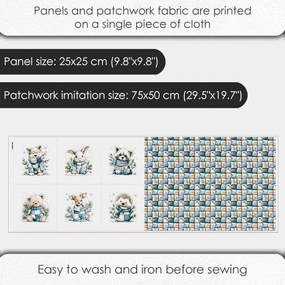 Winter Animals Patchwork Quilting Fabric Panel – 6× (10×10 inch) Blocks + Bonus Patchwork Sheet 29.5×19.6 inch, 100% Cotton 140 GSM, Cozy Blue & Cream Woodland Theme