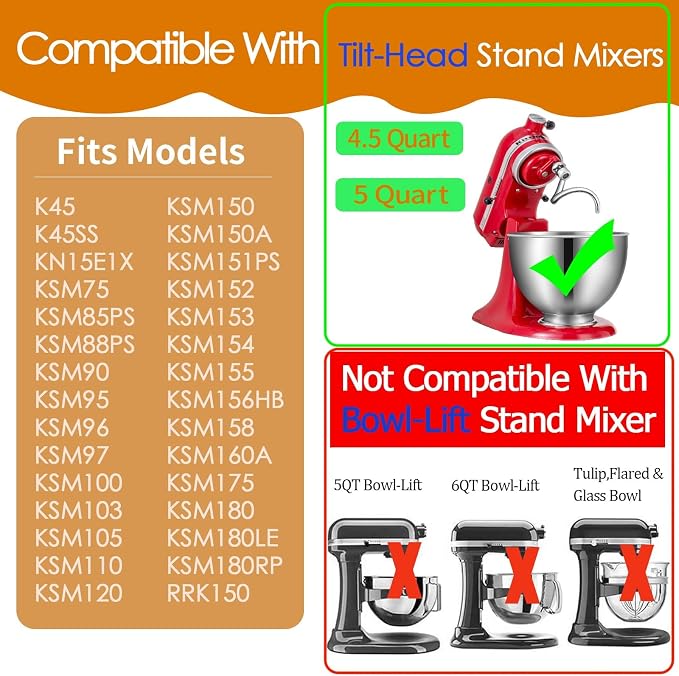 Stainless Steel Spiral Dough Hook Replacement for KitchenAid 4.5-5 Qt. Tilt-Head Stand Mixers.Accessories Compatible for Kitchen Aid K45, K45SS, KN15E1X, KSM75, KSM85PS, KSM88PSQ, KSM90 etc.