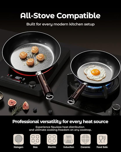8 Inch Self-Seasoning Nitrided Carbon Steel Pan, Small Skillet for Eggs Camping and Individual Cooking Portions, Pre-seasoned, Wooden Handle, PFAS & PFOA-Free