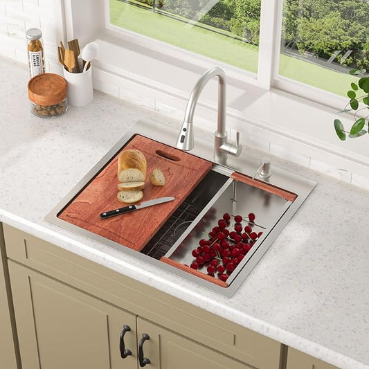 Lordear 25 Inch Drop In Kitchen Sink with Faucet 16 Gauge Stainless Steel Single Bowl 25x22x9 Topmount Kitchen Sink Workstation Sinks with Soap Dispenser