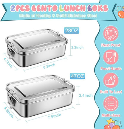 TeamFar Stainless Steel Bento Box, 2 Pack 28oz+47oz Metal Lunch Box with 3 Compartments for Adults Kids, 850ml+1400ML Lunch Food Containers for School/Work/Meal Prep, Leak-Proof & Dishwasher Safe