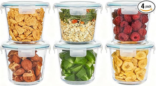 8 PCS Glass Meal Prep Containers with Lids, Airtight 3 Cup Glass Storage Containers Set, Round Deep Soup Containers with Lids for Leftover, Microwave, Dishwasher, and Freezer Safe (6pc)