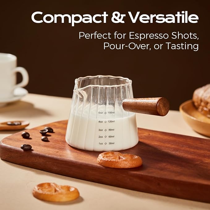 YARRAMATE 6 oz/180ML Glass Measuring Cup with Wooden Handle – Espresso Shot Cups, Ribbed Milk Frothing Pitcher, Dual Scale Markings, V-Shaped Mouth for Easy Pouring (2 Pack)