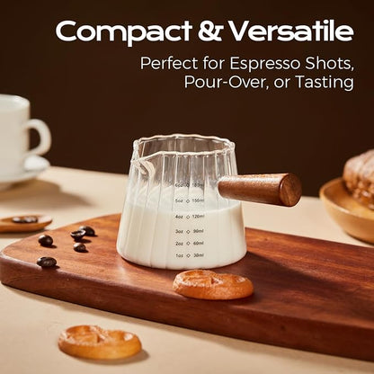 YARRAMATE 6 oz/180ML Glass Measuring Cup with Wooden Handle – Espresso Shot Cups, Ribbed Milk Frothing Pitcher, Dual Scale Markings, V-Shaped Mouth for Easy Pouring (2 Pack)