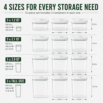 12 Pcs Pop Airtight Food Storage Containers with Lids Stackable Containers for Kitchen Pantry Organization Ideal for Cereal Snacks Flour Sugar Coffee and Spaghetti, 3.4Qt, 2.8Qt, 2.1Qt, 1.2Qt