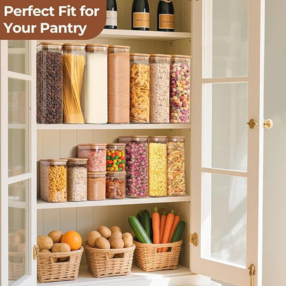 ComSaf 2 Qt Rectangle Glass Storage Containers with Lids, Glass Jars with Bamboo Lids, Clear Food Jar, Square Canister Set of 3, Pantry Organizers and Storage for Flour Pasta Coffee Bean