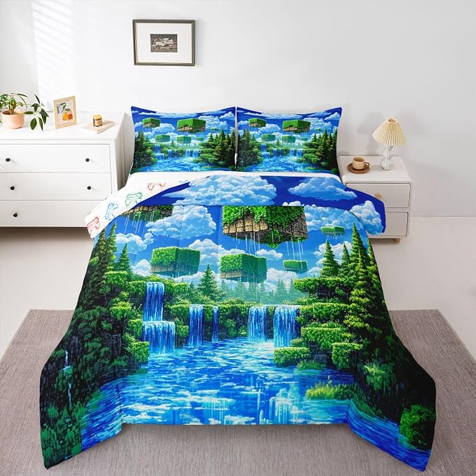 Manfei Pixelated Games Full Size Comforter Set,Pixel Grid Gamepad Bedding Comforters Bedroom Collection,Abstract Geometric Duvet Insert,Army Camo Room Decor 3 Pcs Bedding Set for Girls Teens