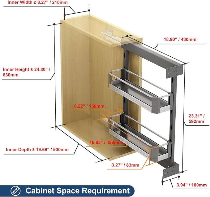VADANIA Naro Pull Out Cabinet Organizer with Glass Side Panels, 2-Tier Spice Rack for 10" Base Cabinets, Soft Close Full-Extension Slides, Reversible Left or Right Side Mount