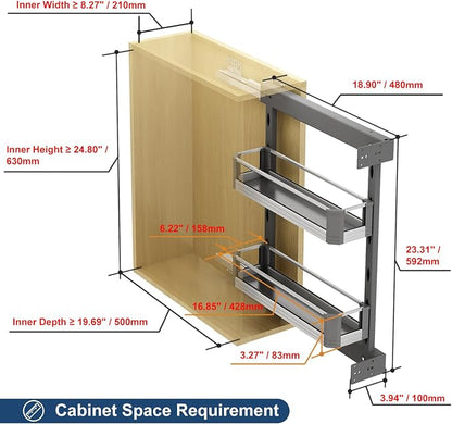 VADANIA Naro Pull Out Cabinet Organizer with Glass Side Panels, 2-Tier Spice Rack for 10" Base Cabinets, Soft Close Full-Extension Slides, Reversible Left or Right Side Mount