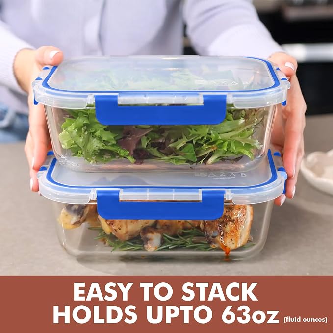 Razab 2 Pcs 1860ml / 63 Oz Large Glass Food Storage Containers with Lids - Glass Meal Prep Containers with Locking Lids for Roasting, Storing Leftover, Lunch Container, BPA Free, Microwave & Oven Safe