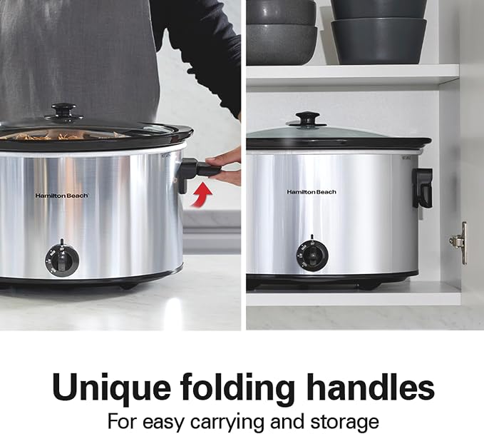Hamilton Beach 10 Quart Slow Cooker with Folding Handles, Extra-Large Capacity, Serves 12+, Silver with Black Accents, R33190 (Renewed)